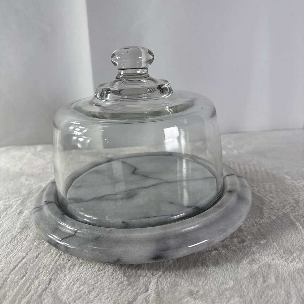 White Marble Base With Lidded Glass Dome  - Cheese Cloche